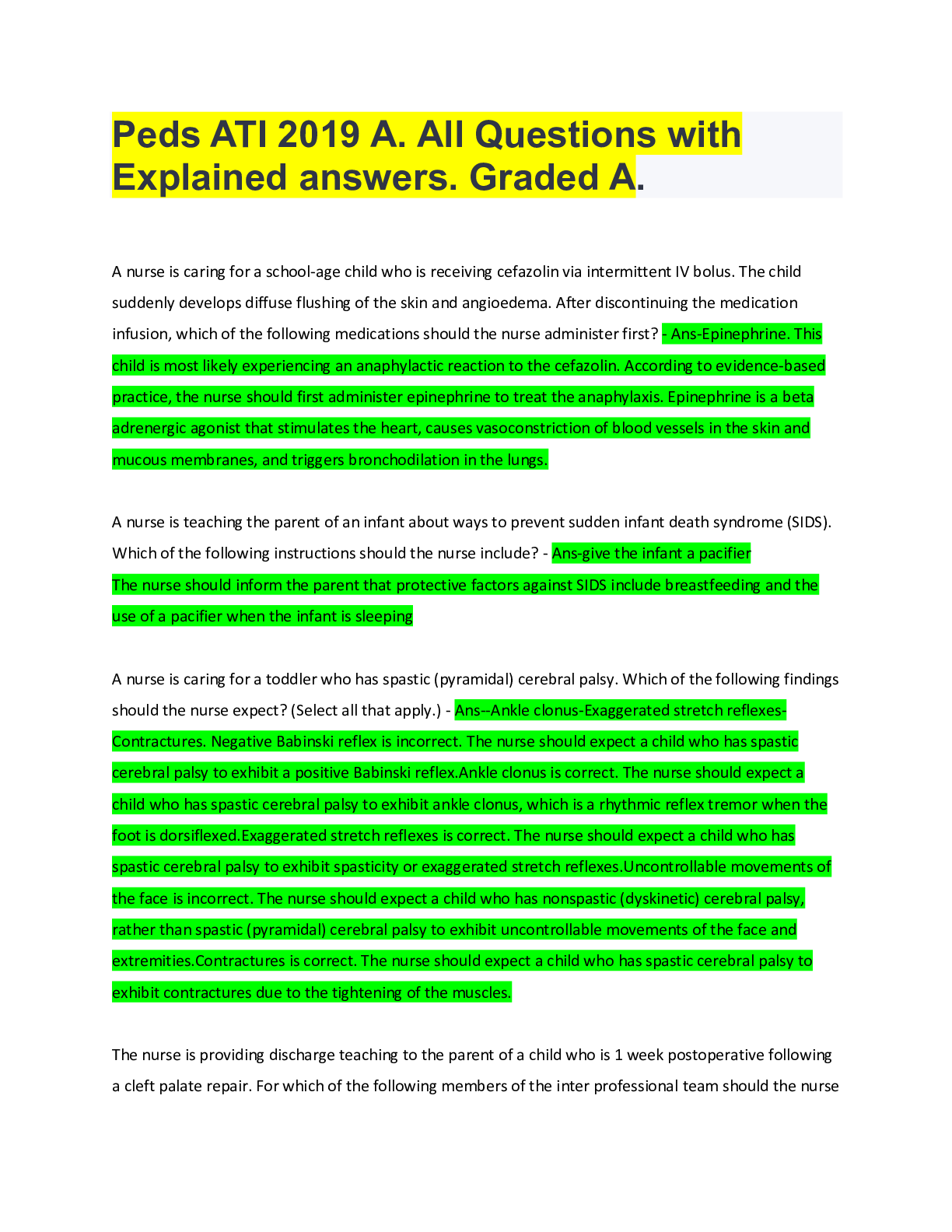 Preview of Peds ATI 2019 A. All Questions with Explained answers. Graded A